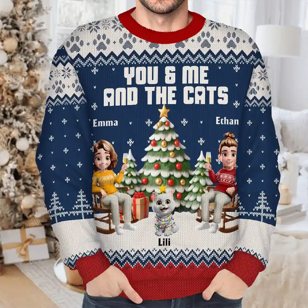 You & Me And The Cat 3D Effect Couple - Personalized Unisex Ugly Sweater - Image 4