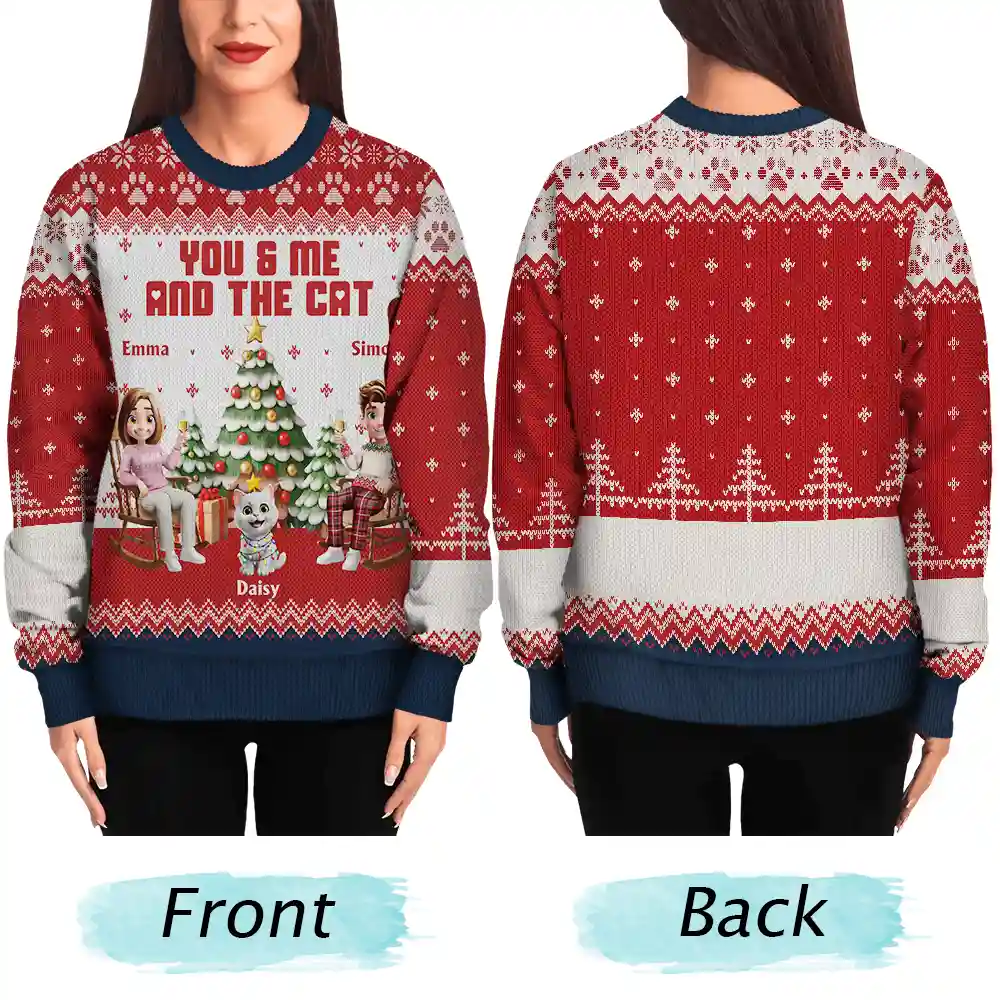 You & Me And The Cat 3D Effect Couple - Personalized Unisex Ugly Sweater - Image 5