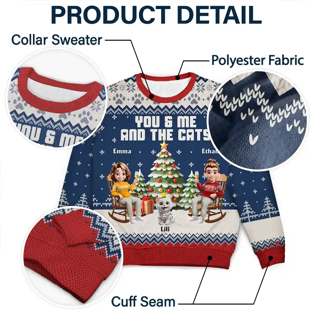 You & Me And The Cat 3D Effect Couple - Personalized Unisex Ugly Sweater - Image 6