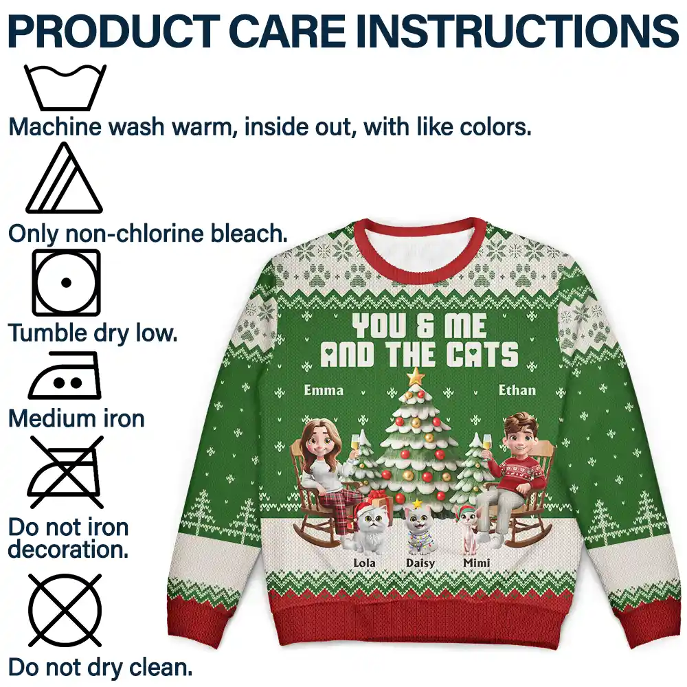 You & Me And The Cat 3D Effect Couple - Personalized Unisex Ugly Sweater - Image 7