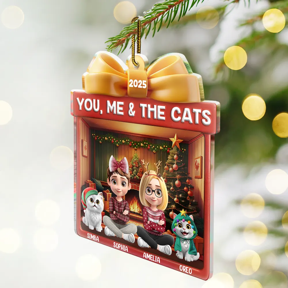 You Me And The Cat Christmas Box - Personalized Custom Shaped Acrylic Ornament - Image 2