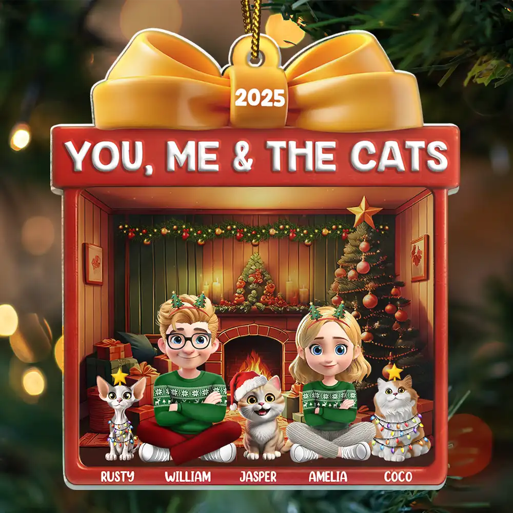You Me And The Cat Christmas Box - Personalized Custom Shaped Acrylic Ornament - Image 3