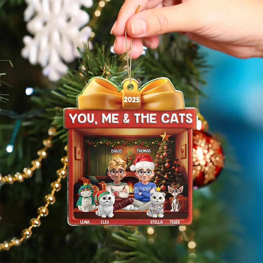 You Me And The Cat Christmas Box - Personalized Custom Shaped Acrylic Ornament - Image 4