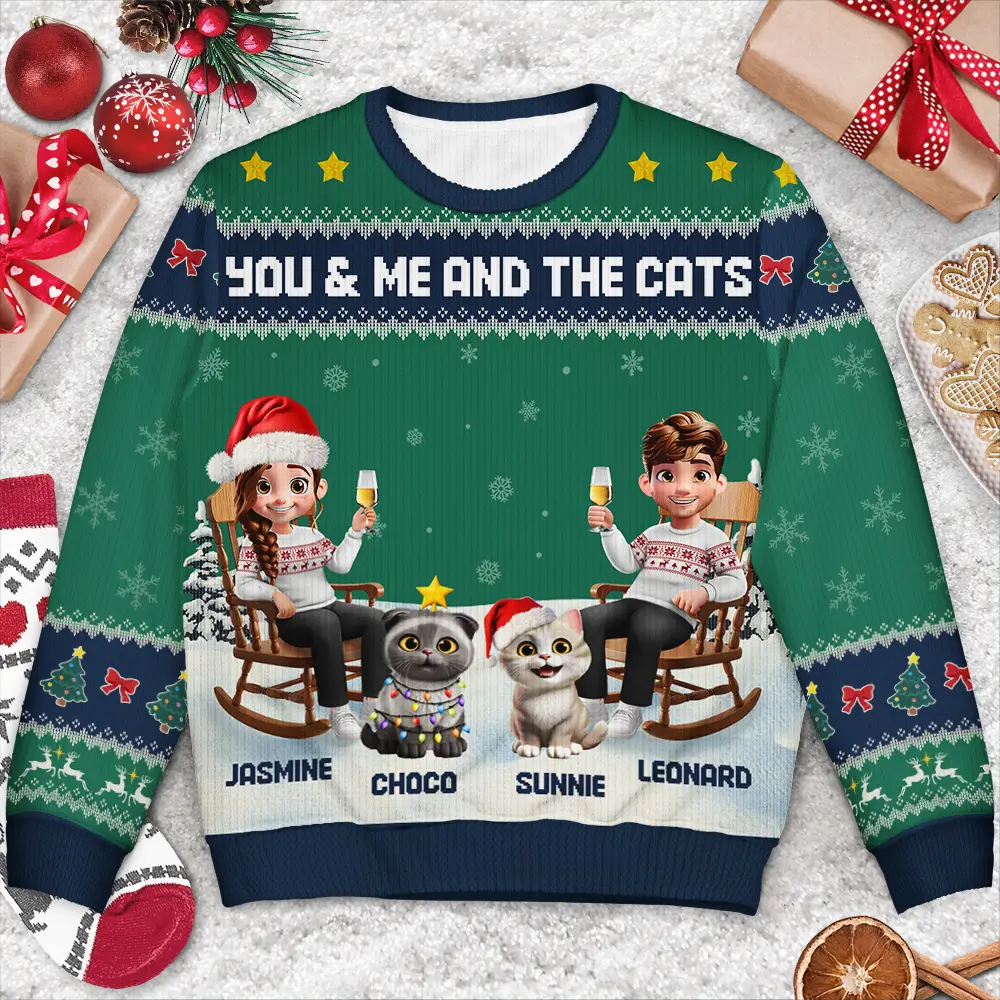 You & Me And The Cat Happy 3D Effect Couple - Personalized Unisex Ugly Sweater - Image 3