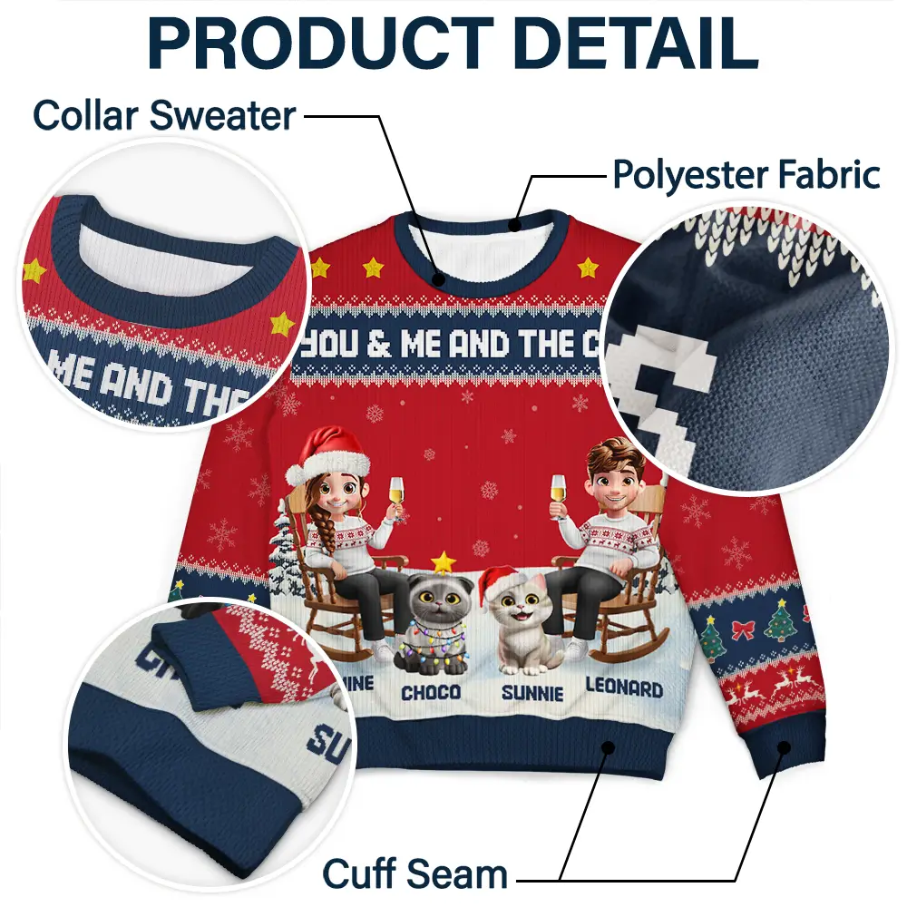 You & Me And The Cat Happy 3D Effect Couple - Personalized Unisex Ugly Sweater - Image 6