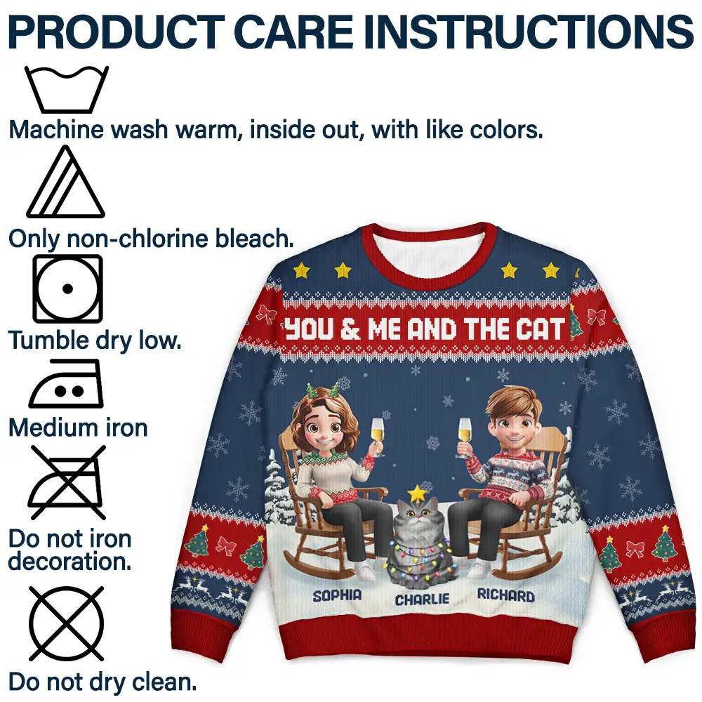 You & Me And The Cat Happy 3D Effect Couple - Personalized Unisex Ugly Sweater - Image 7