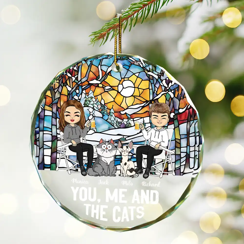 You, Me And The Cat - Personalized Circle Glass Ornament - Image 2