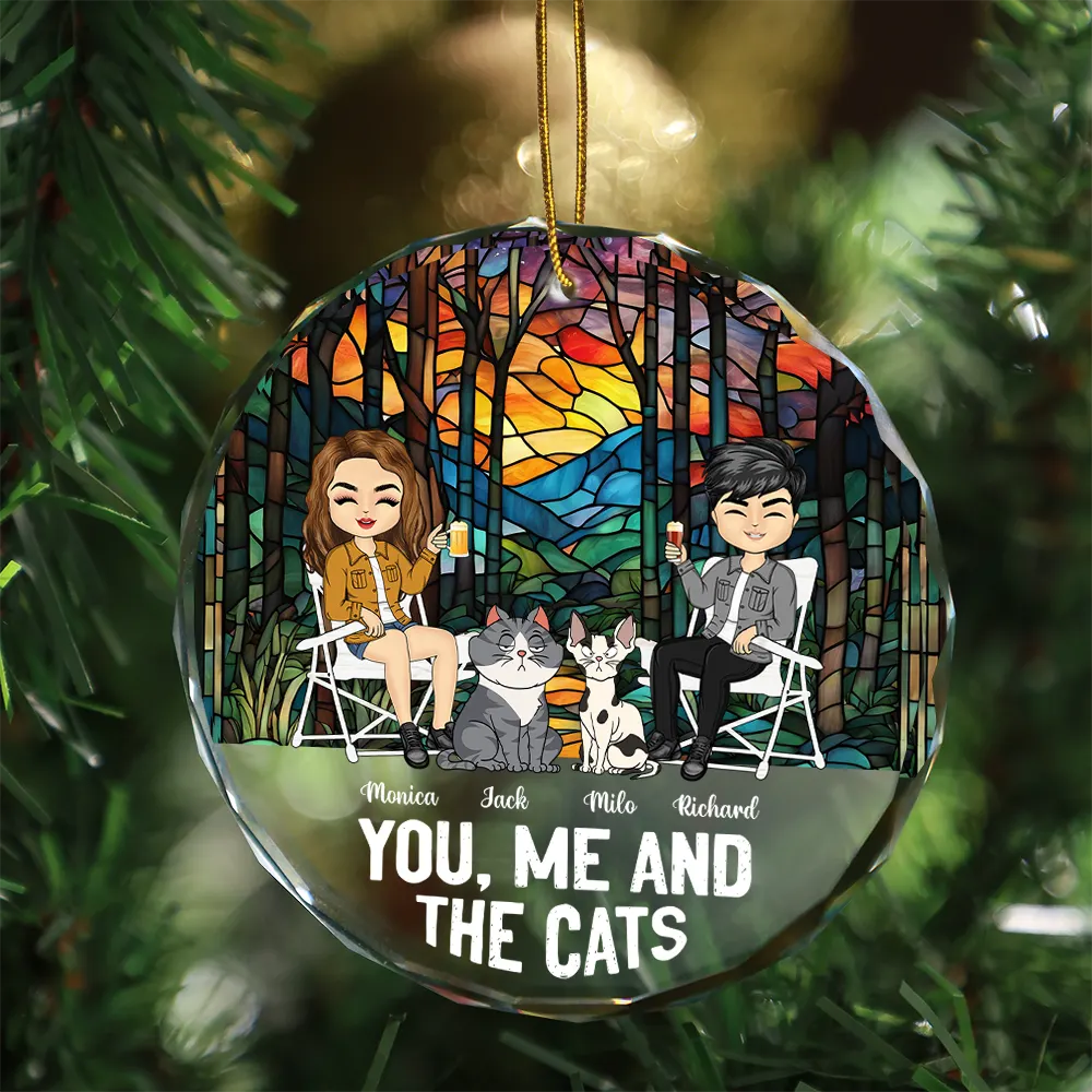 You, Me And The Cat - Personalized Circle Glass Ornament - Image 3