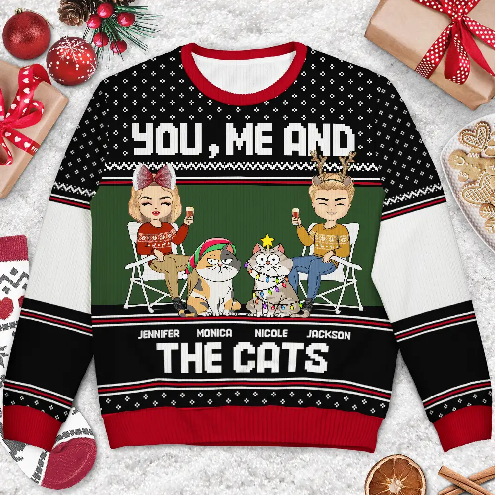 You, Me And The Cat - Personalized Unisex Ugly Sweater - Image 3