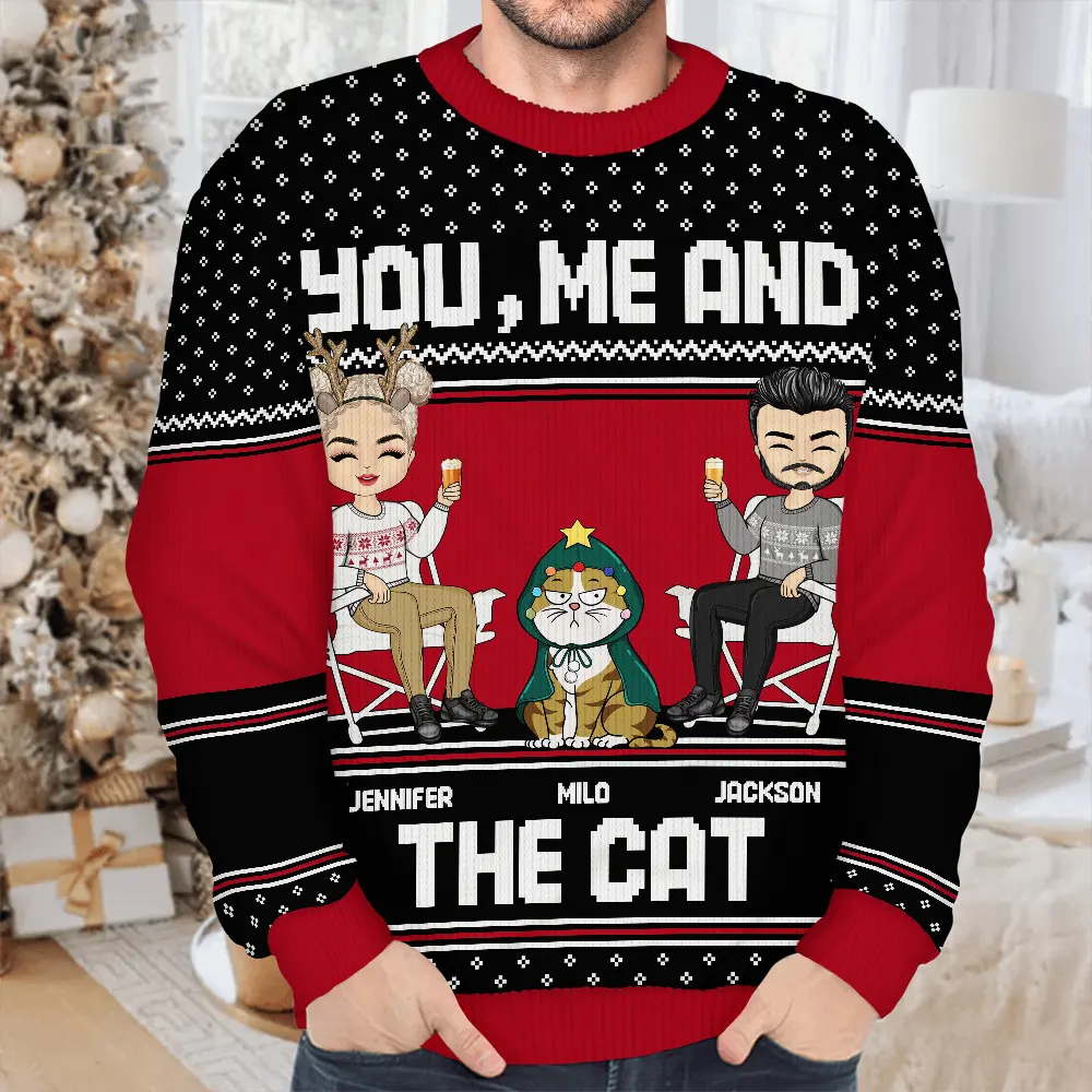 You, Me And The Cat - Personalized Unisex Ugly Sweater - Image 4