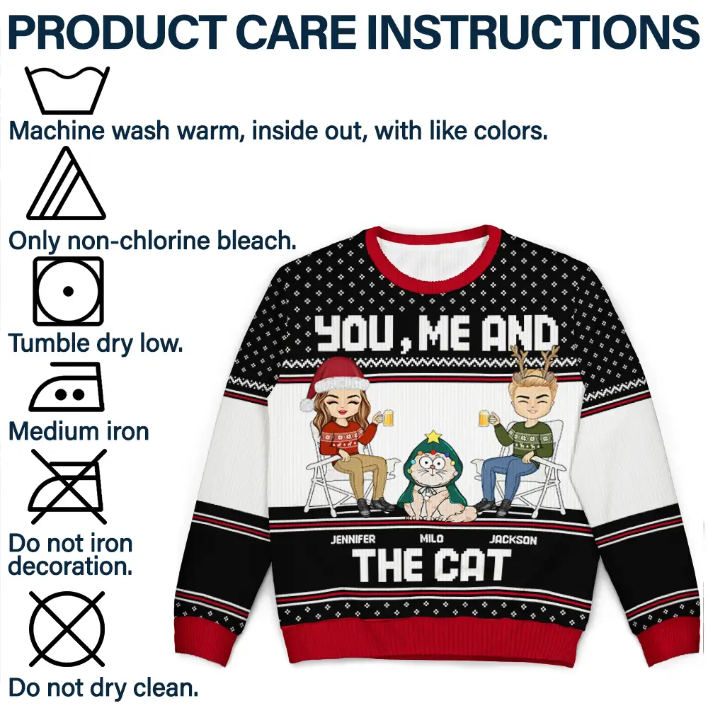 You, Me And The Cat - Personalized Unisex Ugly Sweater - Image 7