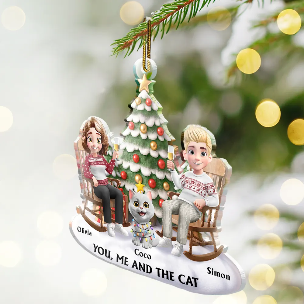 You & Me And The Cats 3D Effect Couple Sitting - Personalized Custom Shaped Acrylic Ornament - Image 2