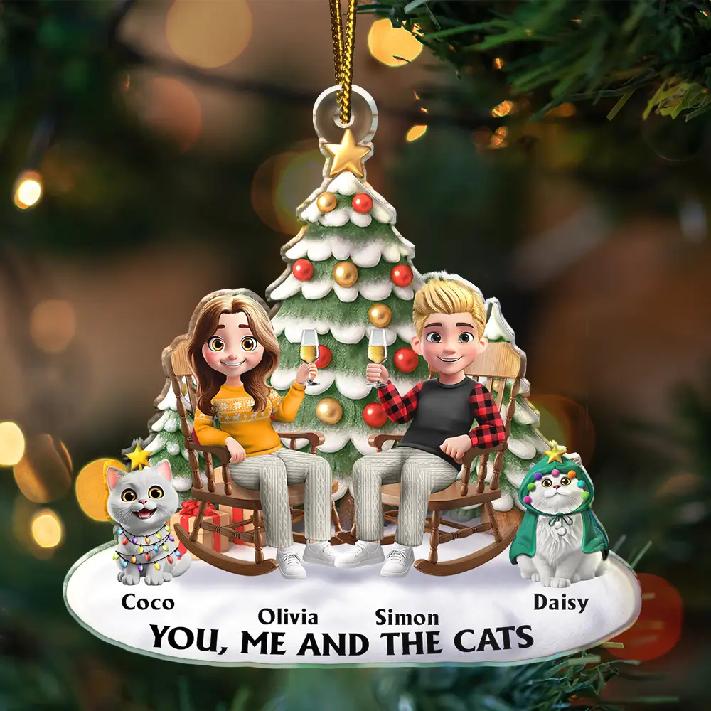 You & Me And The Cats 3D Effect Couple Sitting - Personalized Custom Shaped Acrylic Ornament - Image 3