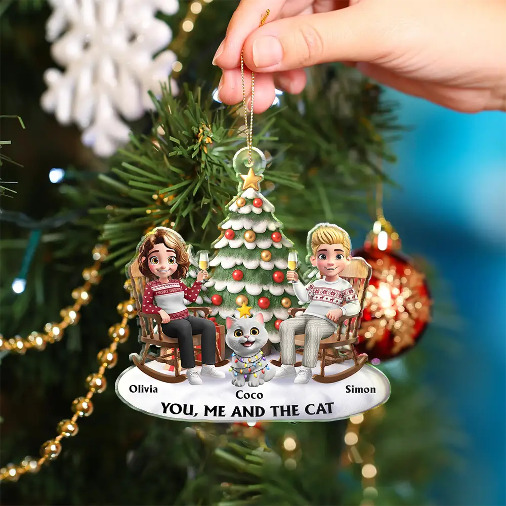 You & Me And The Cats 3D Effect Couple Sitting - Personalized Custom Shaped Acrylic Ornament - Image 4