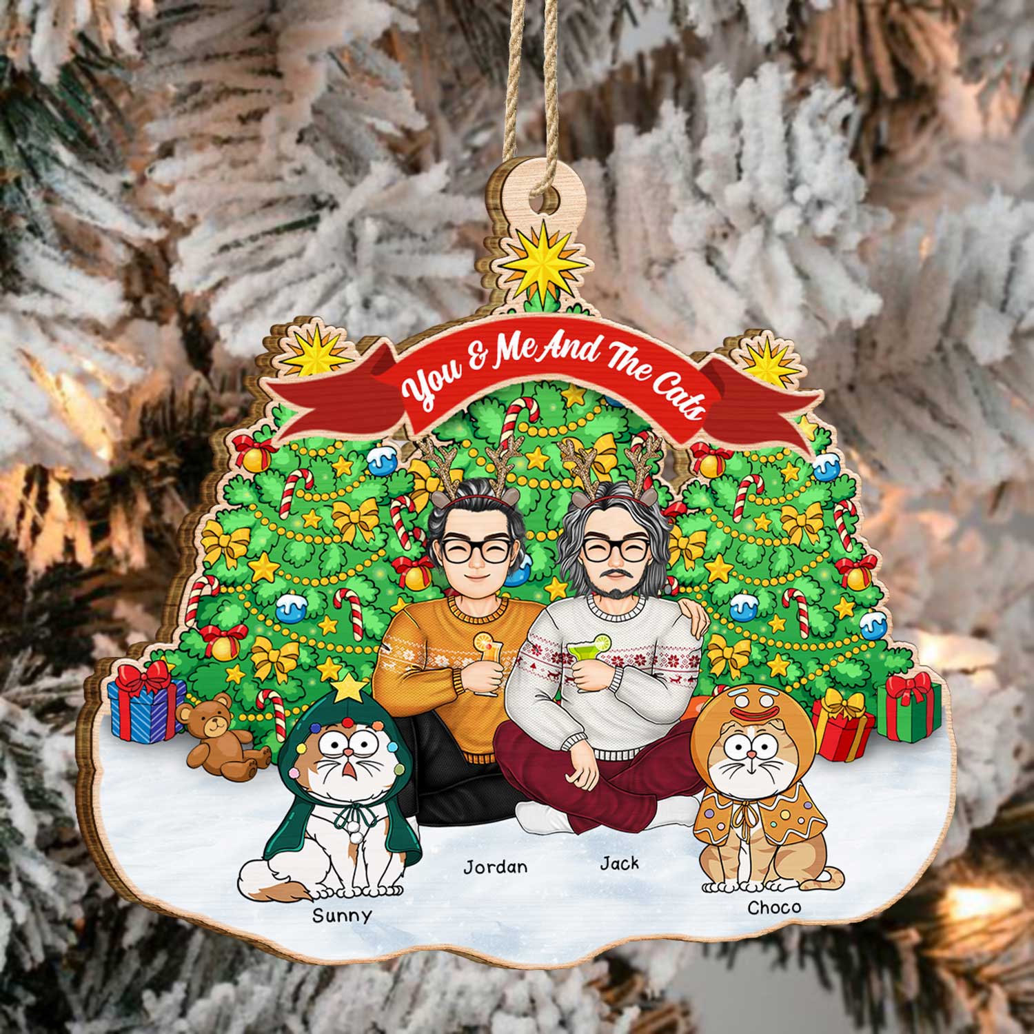 You & Me And The Cats Cartoon Style - Christmas Gift For Cat Lovers, Couples - Personalized Custom Shaped Wooden Ornament - Image 4