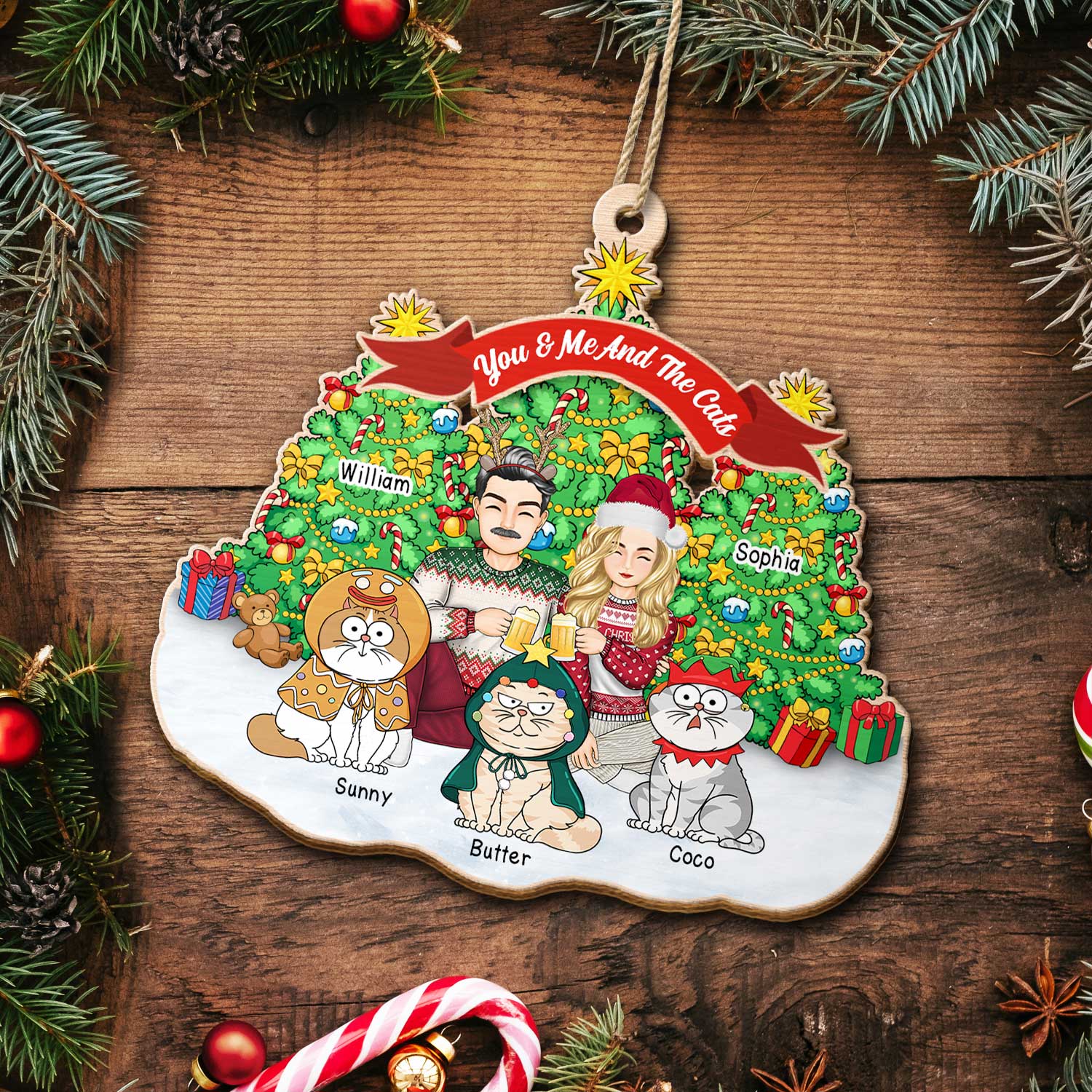 You & Me And The Cats Cartoon Style - Christmas Gift For Cat Lovers, Couples - Personalized Custom Shaped Wooden Ornament - Image 5