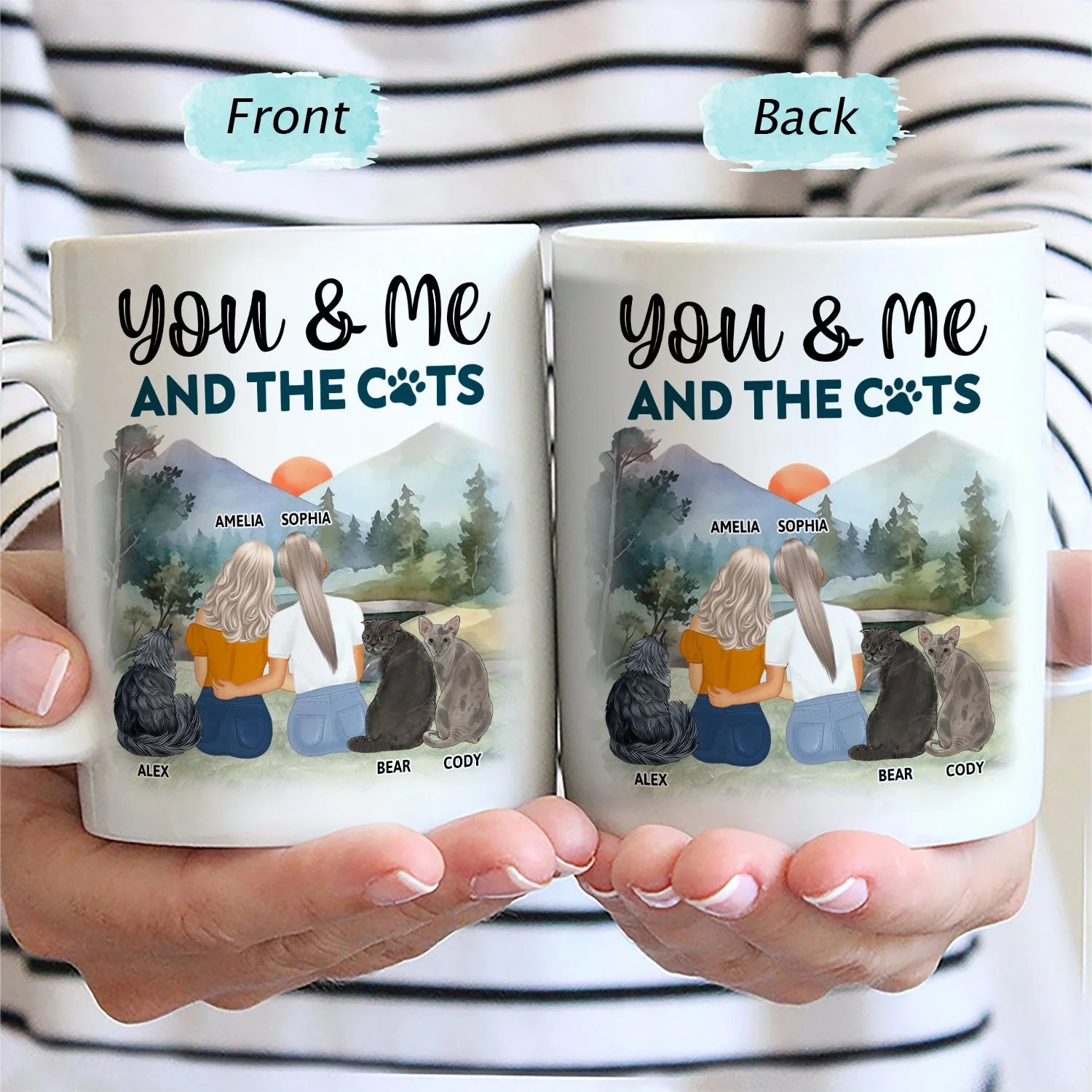 You & Me And The Cats - Gift For Couples, Cat Lovers, Cat Mom, Cat Dad - Personalized Mug - Image 2