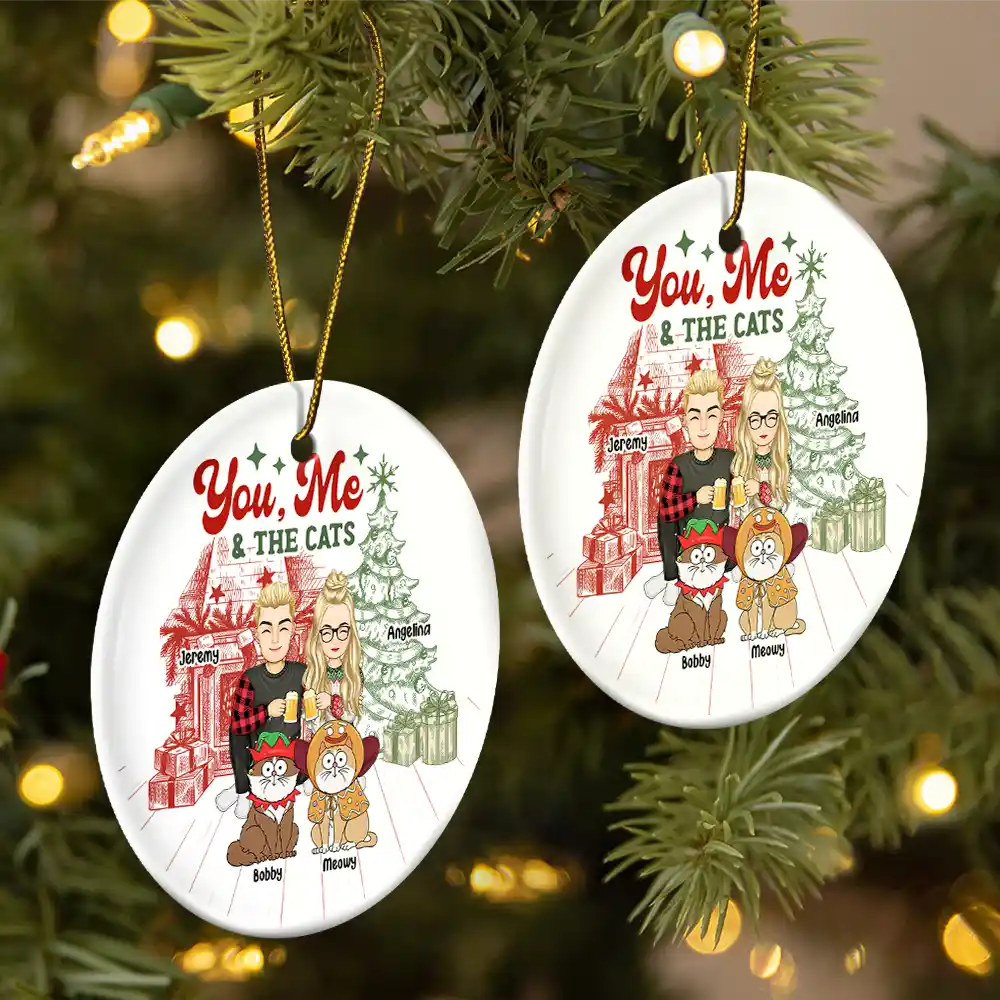 You, Me And The Cats - Personalized Circle Ceramic Ornament - Image 2