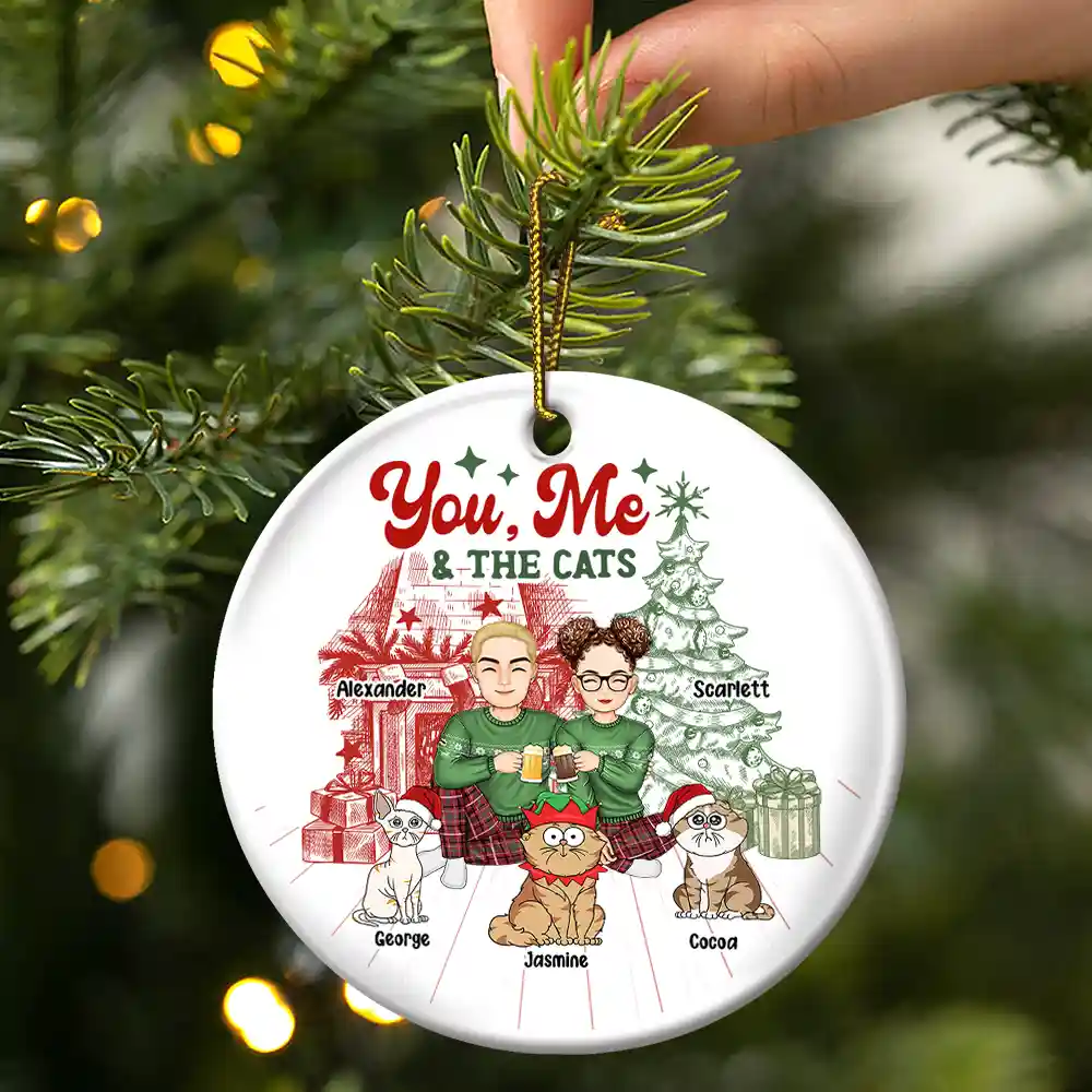 You, Me And The Cats - Personalized Circle Ceramic Ornament - Image 3