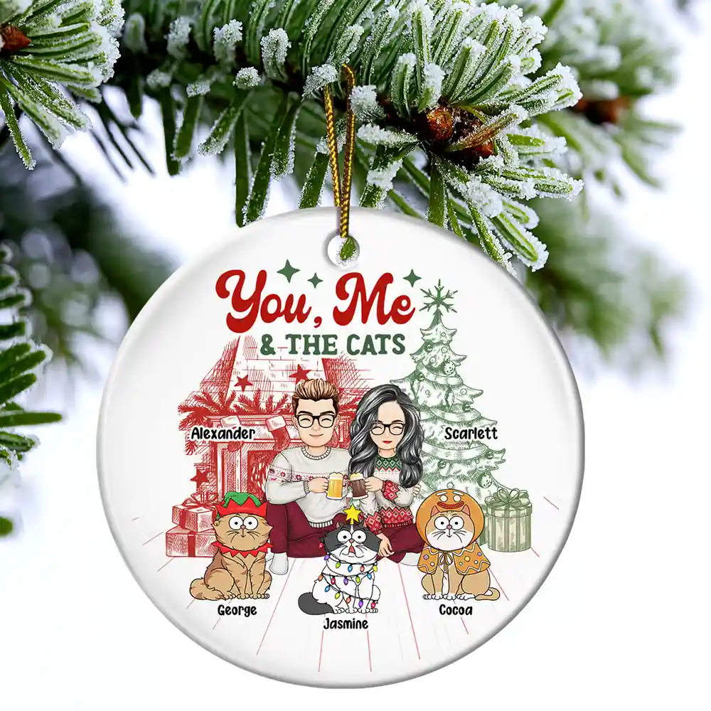 You, Me And The Cats - Personalized Circle Ceramic Ornament - Image 4
