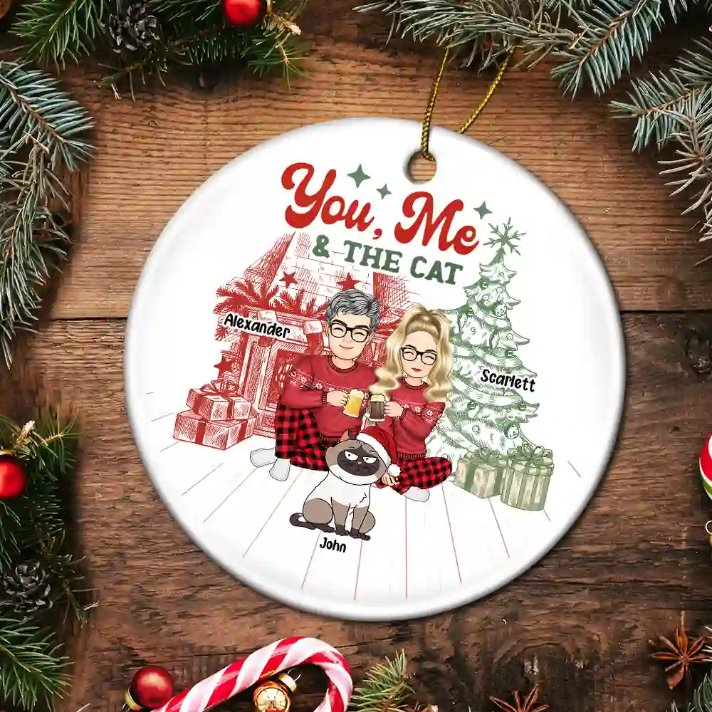 You, Me And The Cats - Personalized Circle Ceramic Ornament - Image 5