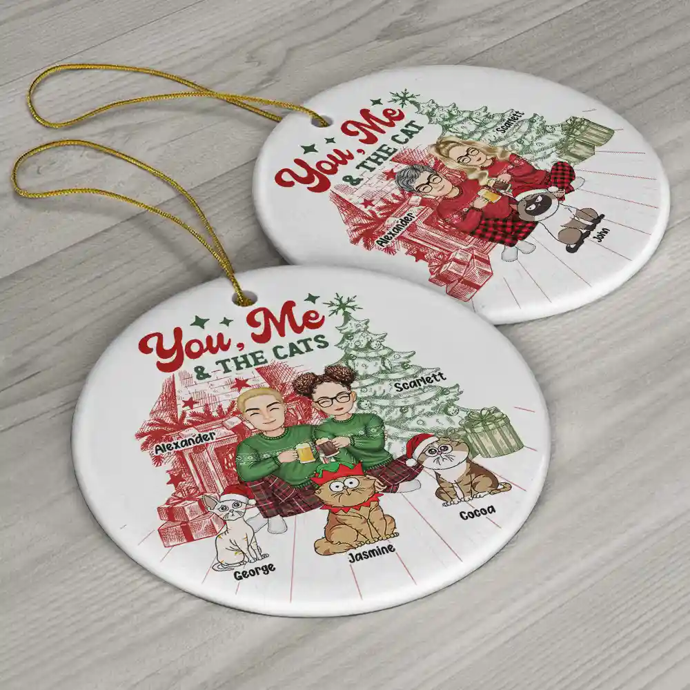 You, Me And The Cats - Personalized Circle Ceramic Ornament - Image 6