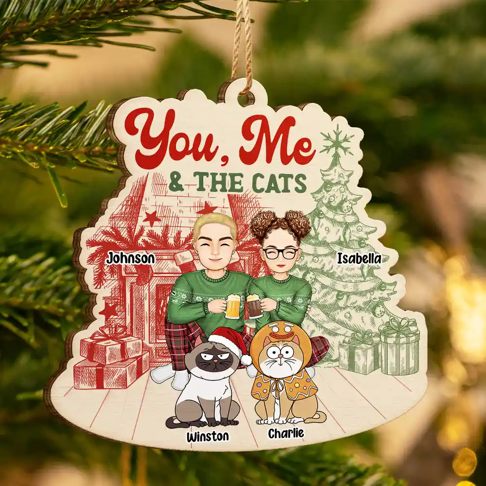 You, Me And The Cats - Personalized Custom Shaped Wooden Ornament - Image 3