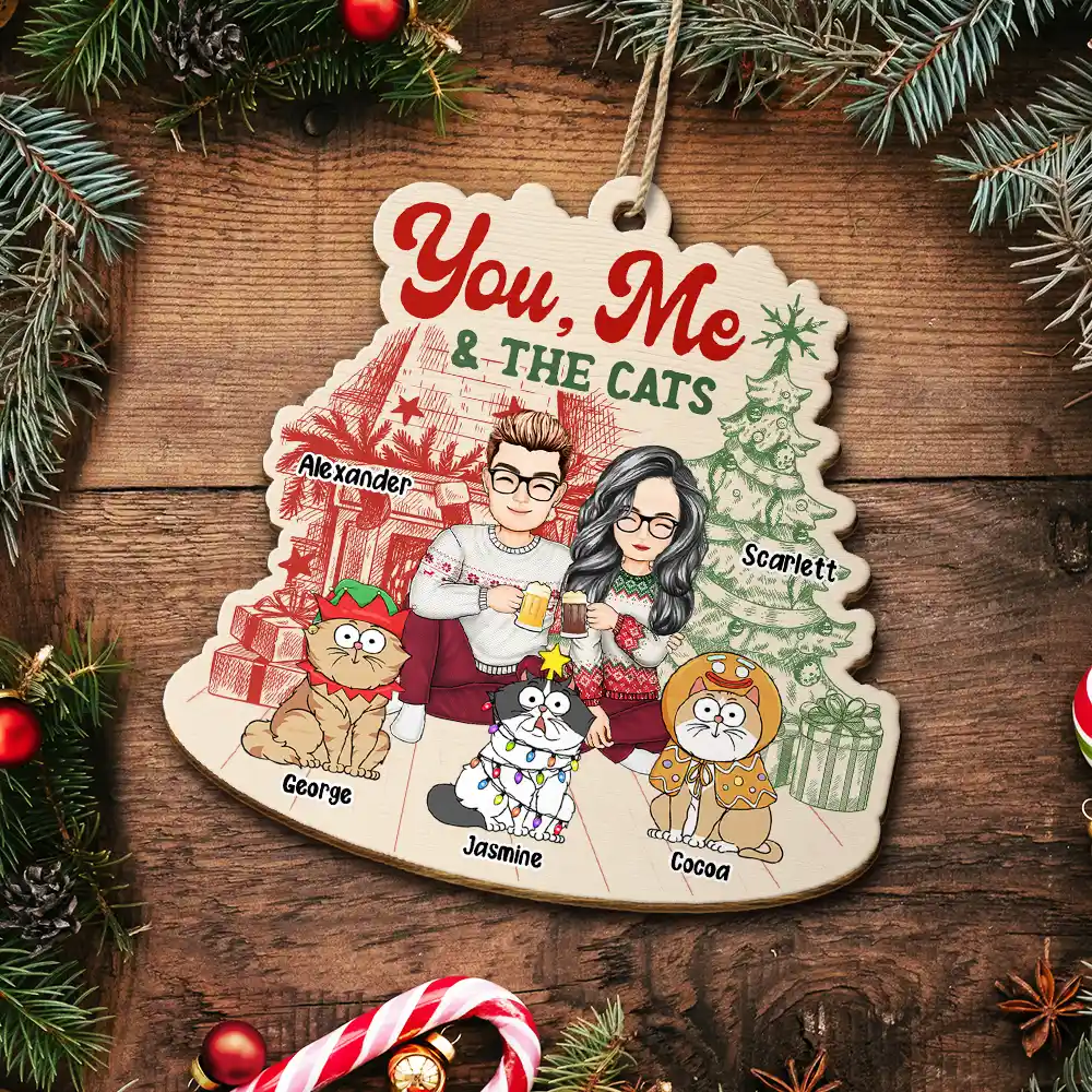 You, Me And The Cats - Personalized Custom Shaped Wooden Ornament - Image 5