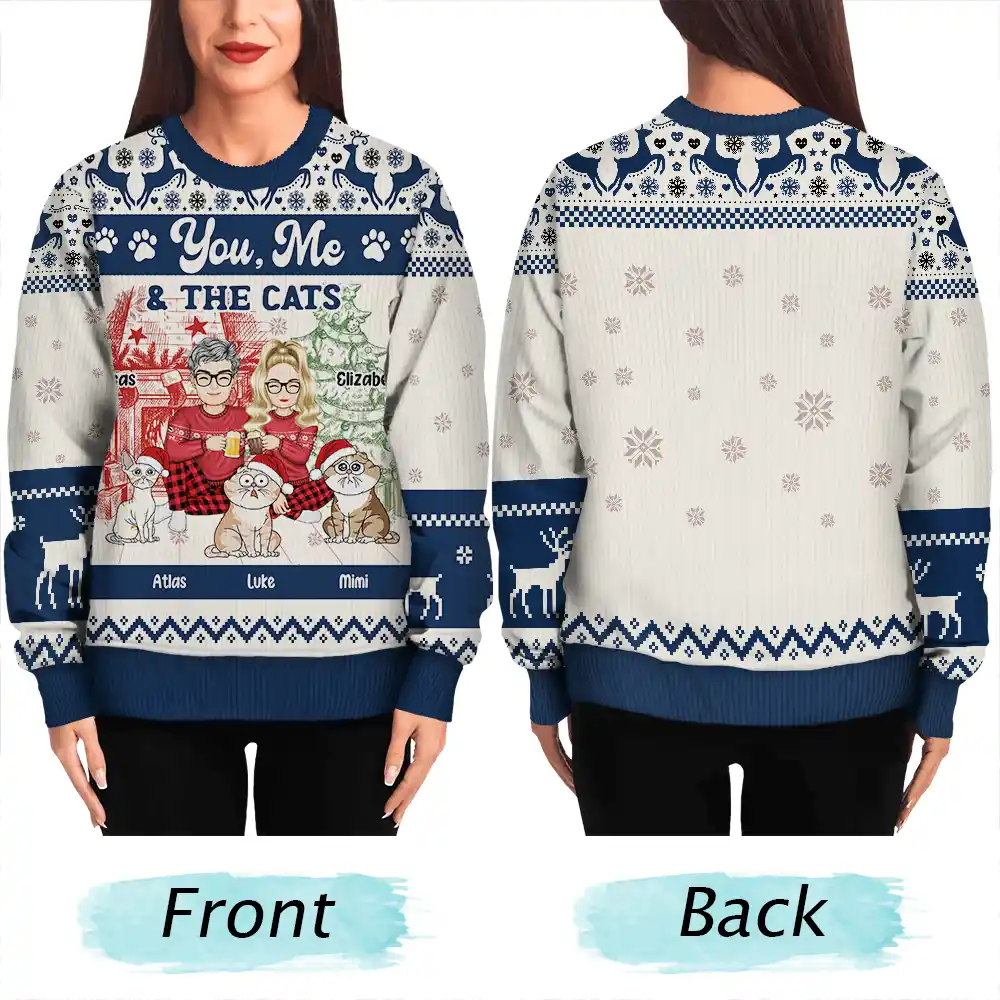 You, Me And The Cats - Personalized Unisex Ugly Sweater - Image 5