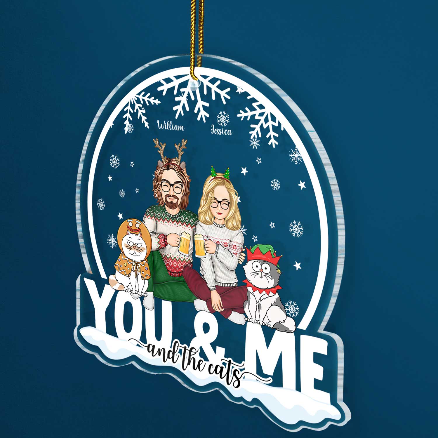 You & Me And The Cats Snow Globe - Christmas Gift For Cat Lovers, Couples - Personalized Custom Shaped Acrylic Ornament - Image 2