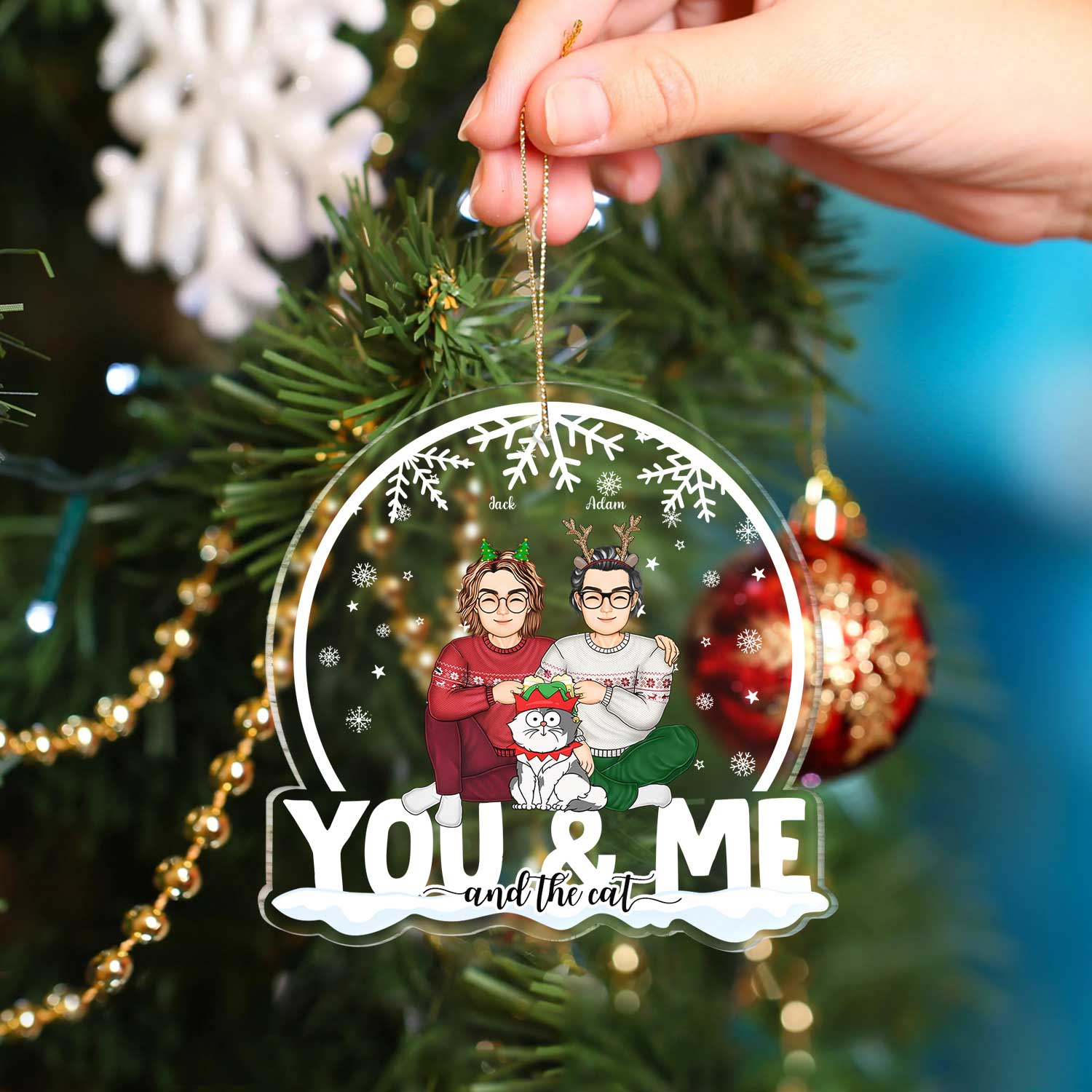 You & Me And The Cats Snow Globe - Christmas Gift For Cat Lovers, Couples - Personalized Custom Shaped Acrylic Ornament - Image 4