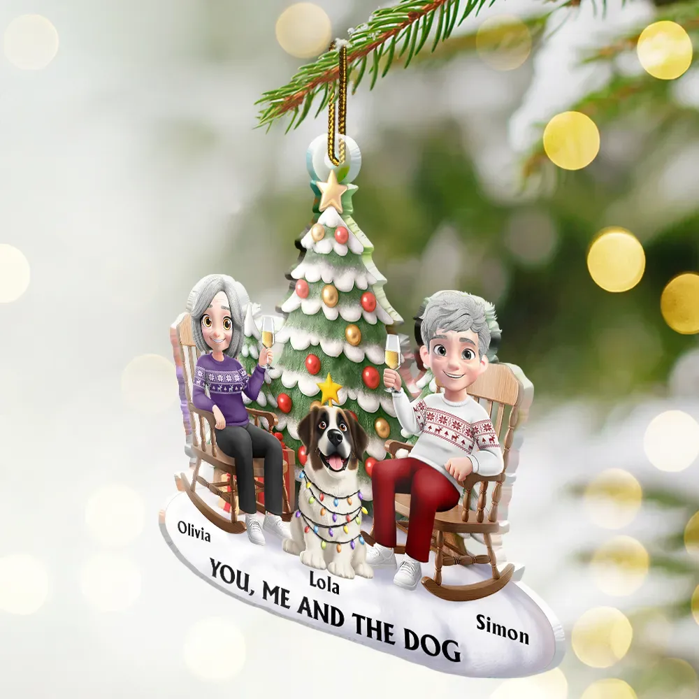 You & Me And The Dog 3D Effect Couple Sitting - Personalized Custom Shaped Acrylic Ornament - Image 2