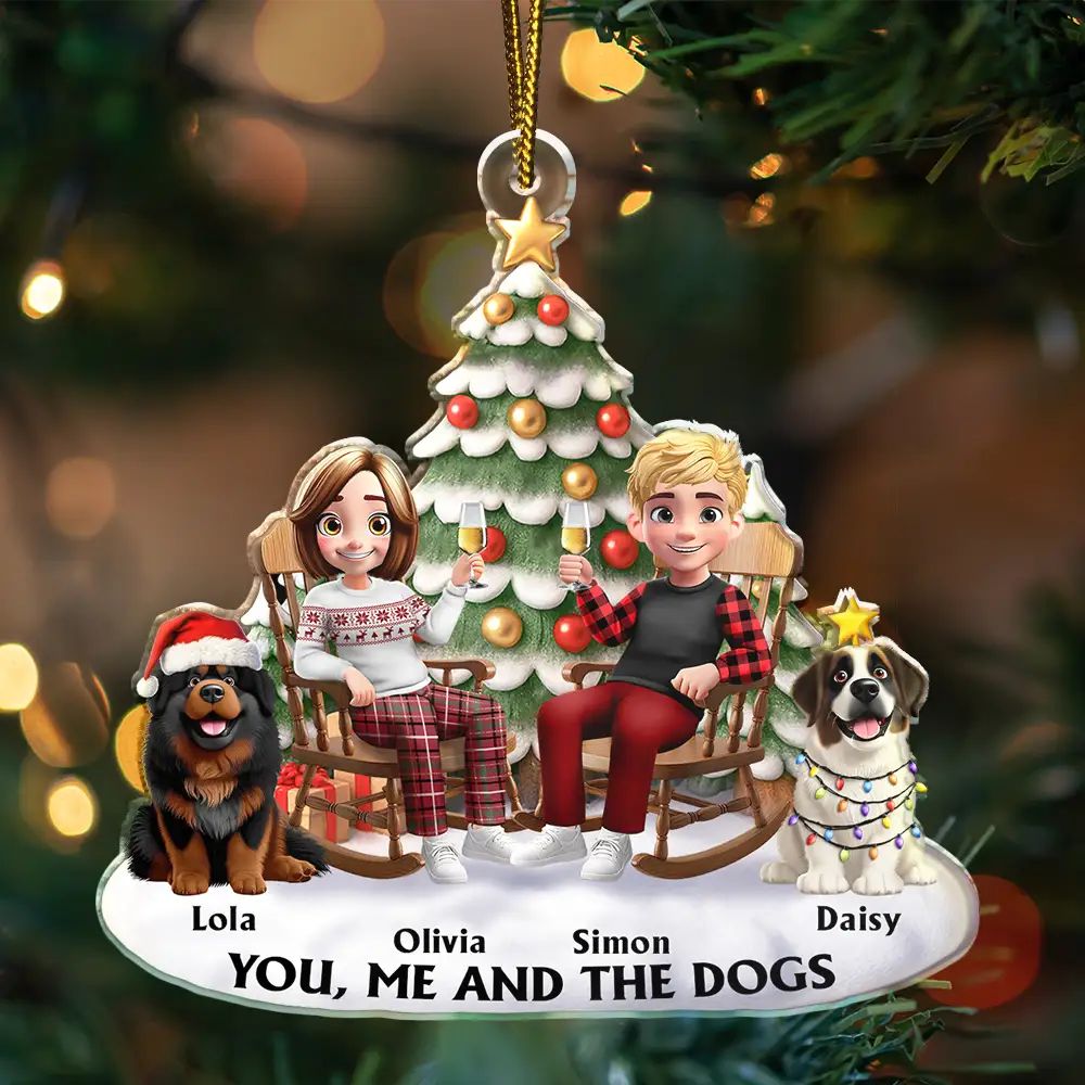 You & Me And The Dog 3D Effect Couple Sitting - Personalized Custom Shaped Acrylic Ornament - Image 3