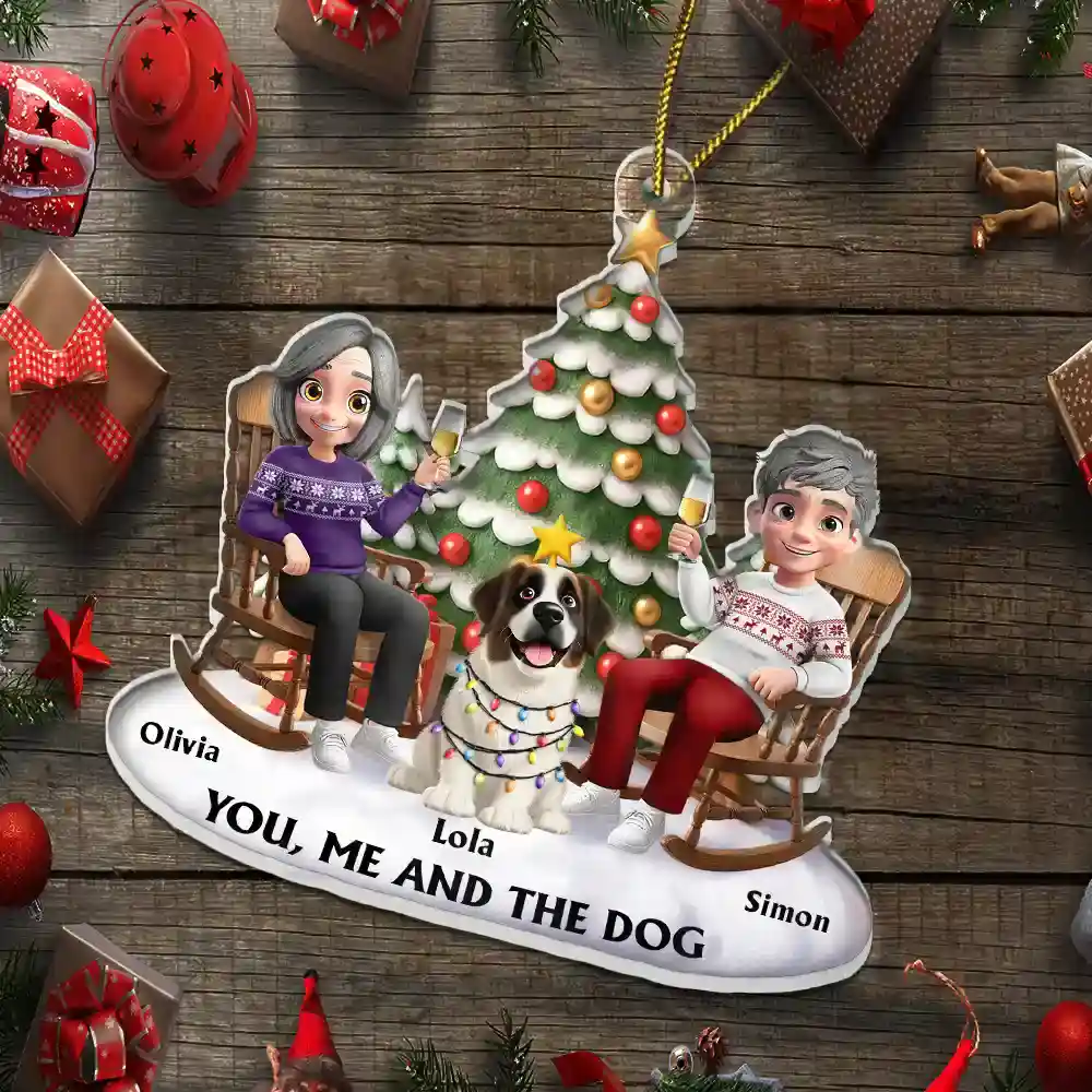 You & Me And The Dog 3D Effect Couple Sitting - Personalized Custom Shaped Acrylic Ornament - Image 5