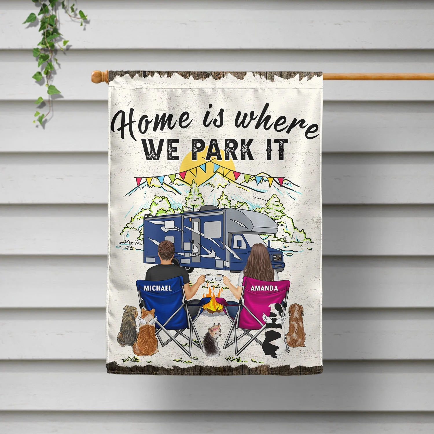 You & Me And The Dog Home Is Where - Gift For Camping Couples - Personalized Flag - Image 2