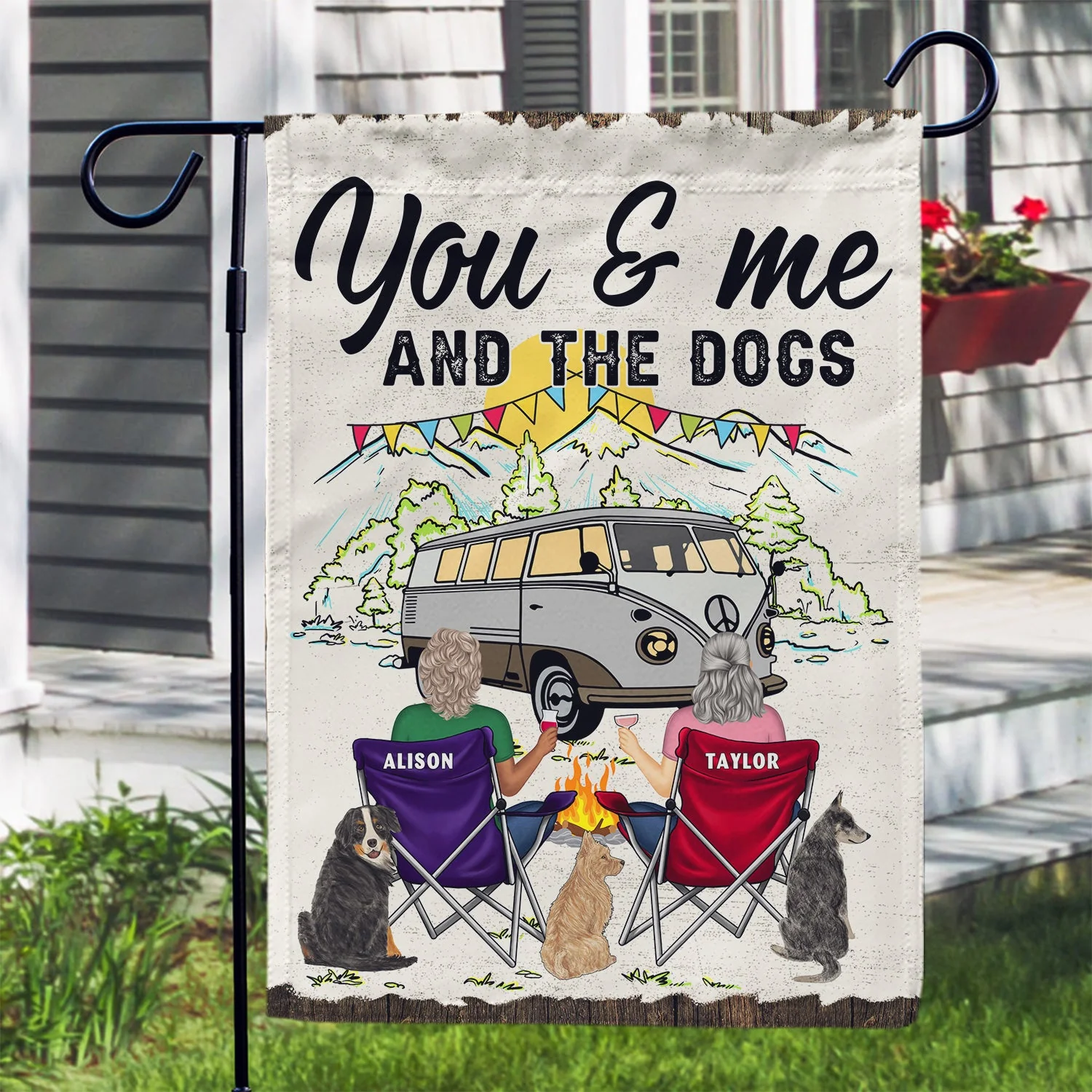 You & Me And The Dog Home Is Where - Gift For Camping Couples - Personalized Flag - Image 3