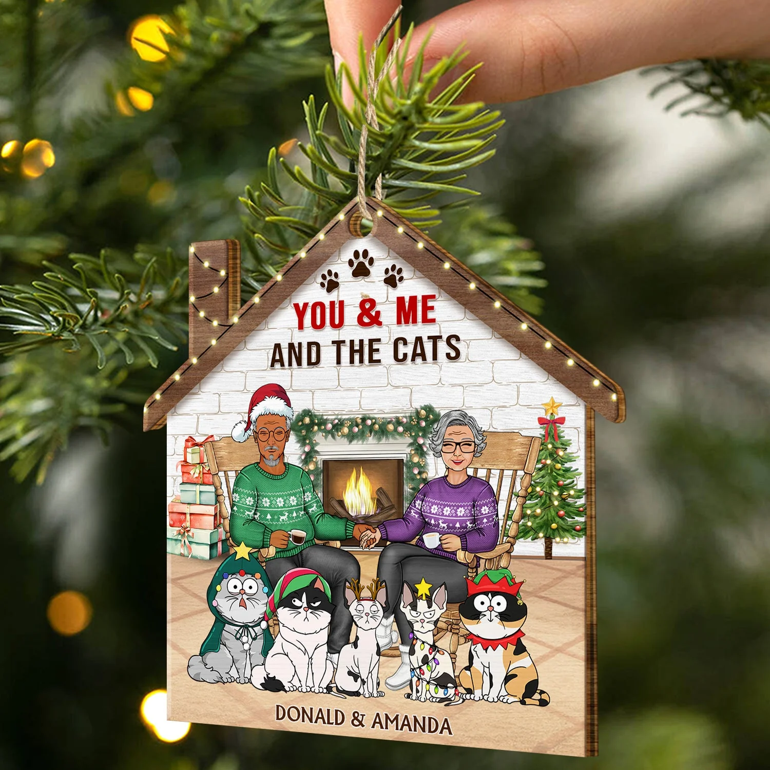 You & Me And The Dogs Cats - Christmas Gift For Couple, Pet Lovers And Family - Personalized Custom Shaped Wooden Ornament - Image 2