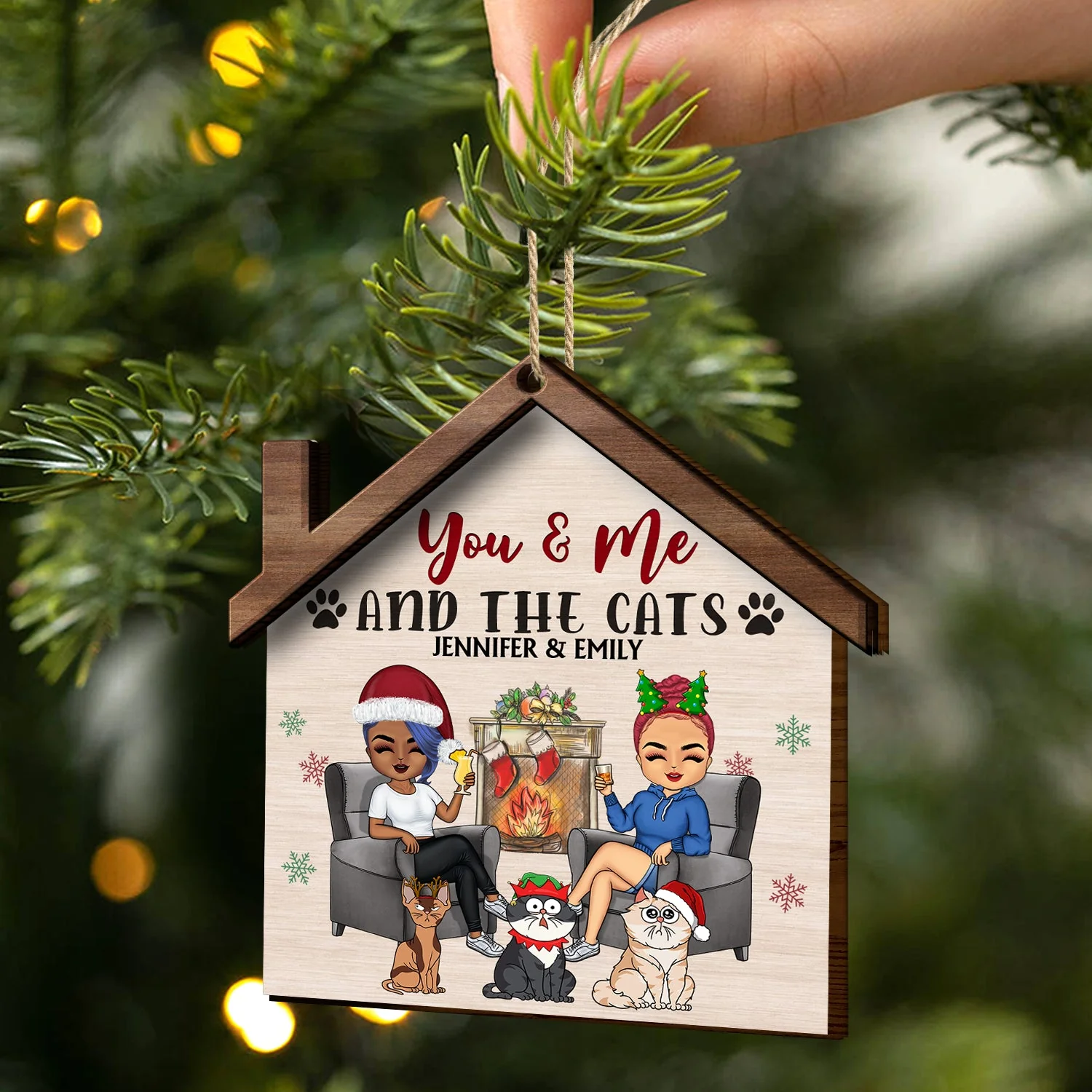 You & Me And The Dogs The Cats - Christmas Gifts For Couples, Husband, Wife - Personalized 2-Layered Wooden Ornament - Image 2