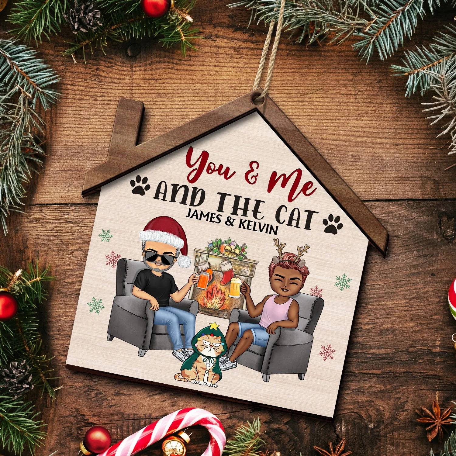 You & Me And The Dogs The Cats - Christmas Gifts For Couples, Husband, Wife - Personalized 2-Layered Wooden Ornament - Image 5