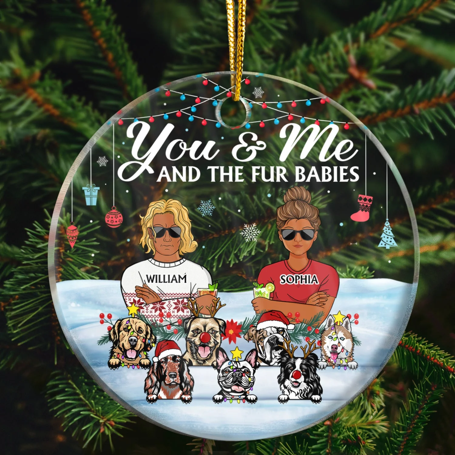 You & Me And The Fur Babies Dog Cat - Christmas Gift For Dog Lovers & Cat Lovers - Personalized Custom Circle Acrylic Ornament - Image 2