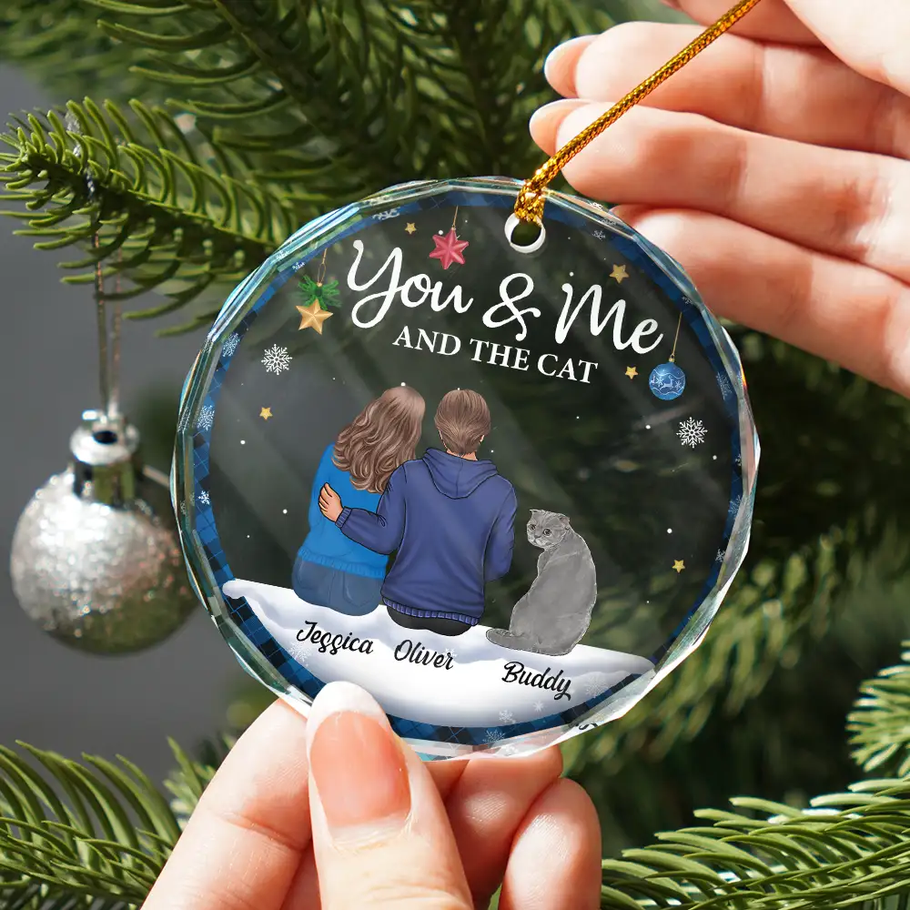 You & Me & The Cat Christmas Couple - Personalized Circle Glass Ornament - Image 2