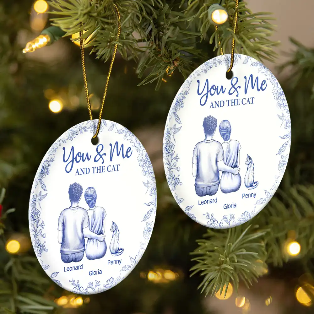 You & Me & The Cat Toile - Personalized Circle Ceramic Ornament - Image 2