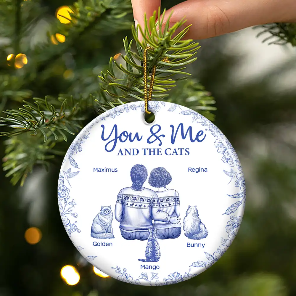 You & Me & The Cat Toile - Personalized Circle Ceramic Ornament - Image 3
