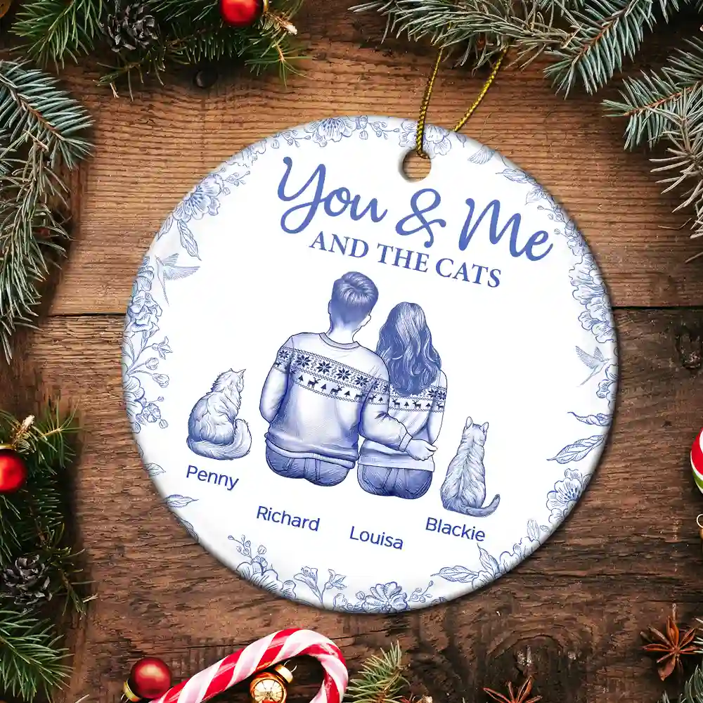 You & Me & The Cat Toile - Personalized Circle Ceramic Ornament - Image 5