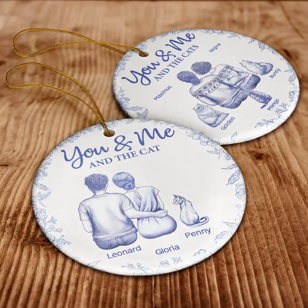 You & Me & The Cat Toile - Personalized Circle Ceramic Ornament - Image 6