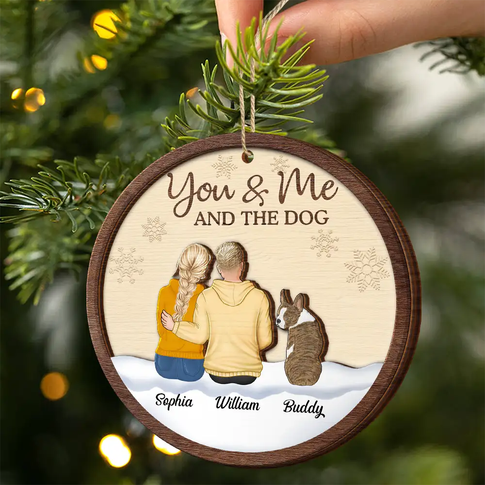 You & Me & The Dog Christmas Couple - Personalized 2-Layered Wooden Ornament - Image 2