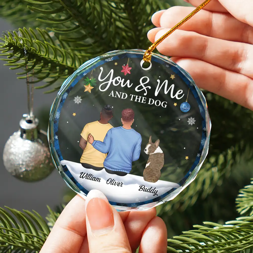 You & Me & The Dog Christmas Couple - Personalized Circle Glass Ornament - Image 2