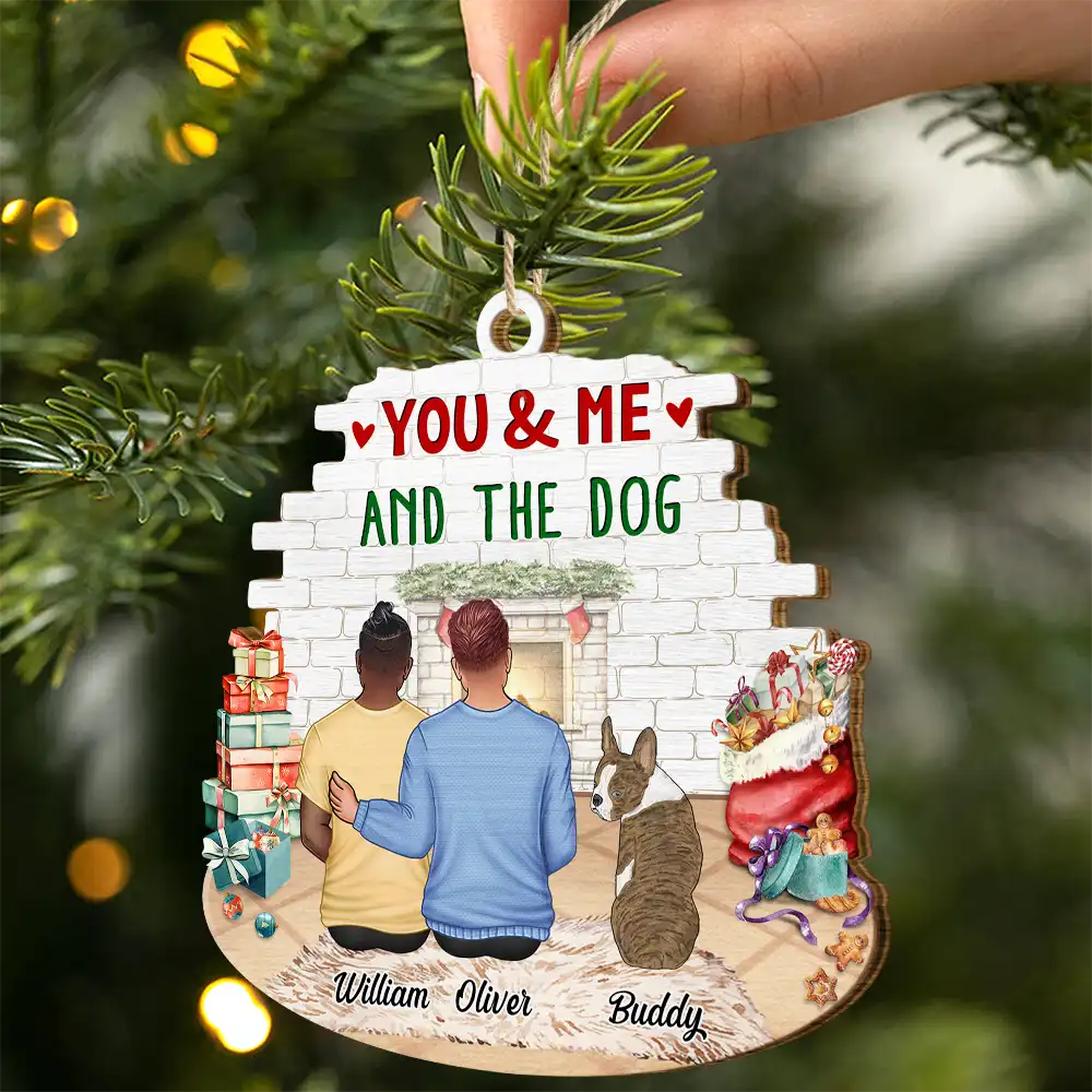 You & Me & The Dog Christmas Couple - Personalized Custom Shaped Wooden Ornament - Image 2