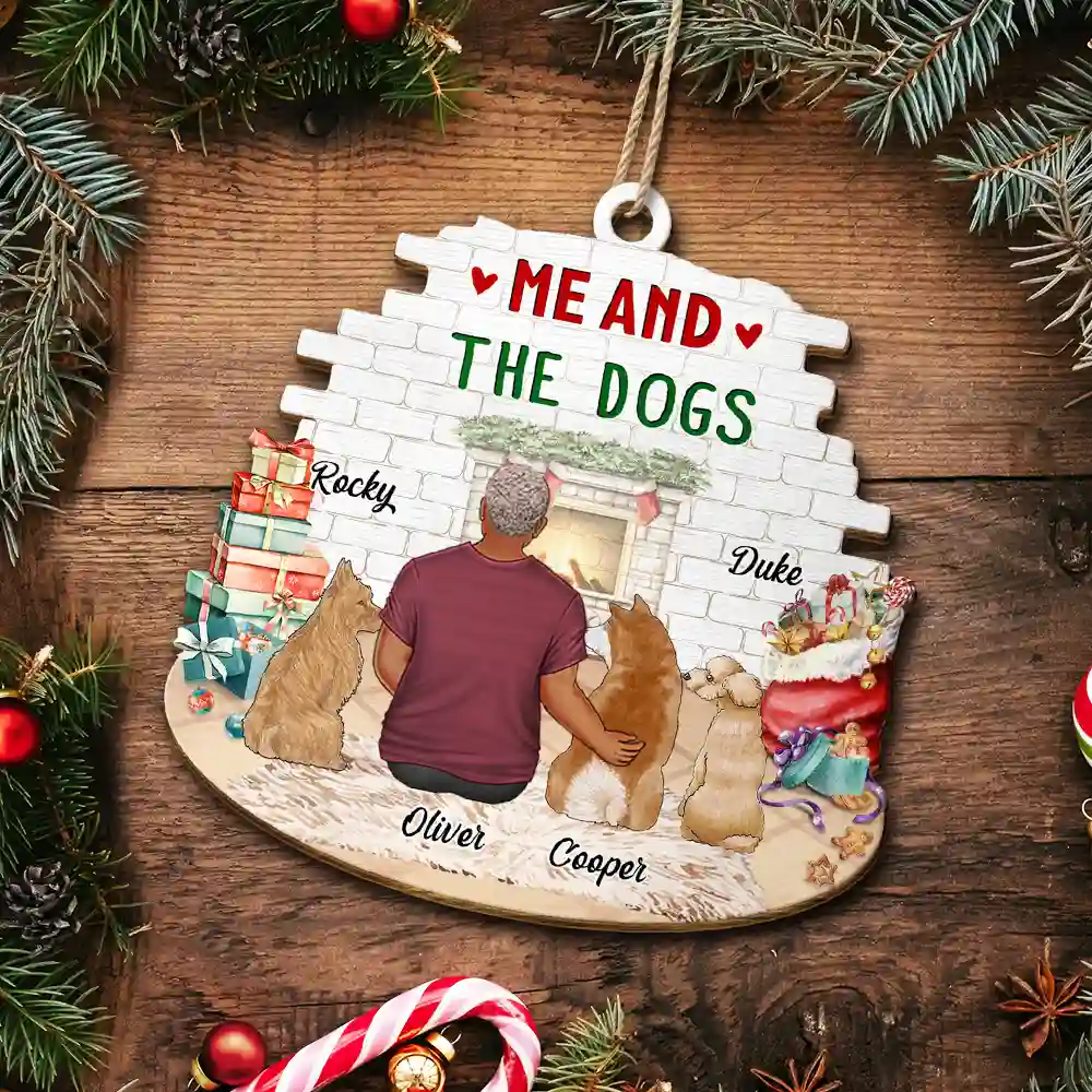 You & Me & The Dog Christmas Couple - Personalized Custom Shaped Wooden Ornament - Image 5