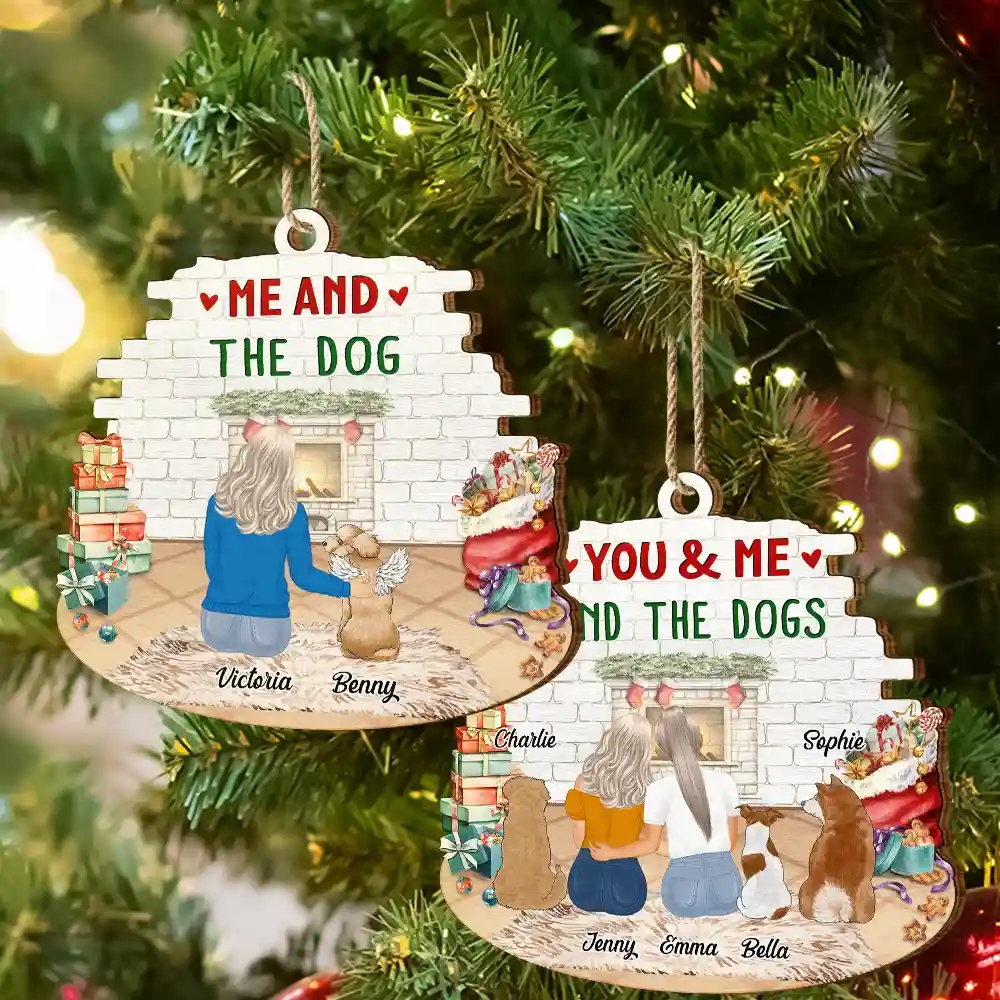You & Me & The Dog Christmas Couple - Personalized Custom Shaped Wooden Ornament - Image 6